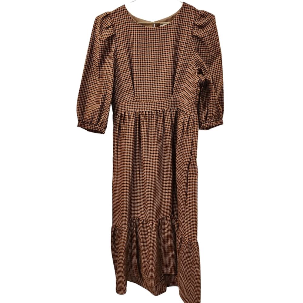 Moussy Checkered puff sleeve brown midi dress size small - Picture 2 of 8